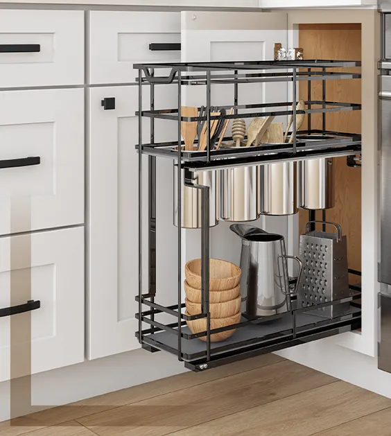 Designer matte black cabinet hardware and custom pull-out spice organizer for functional kitchen design.