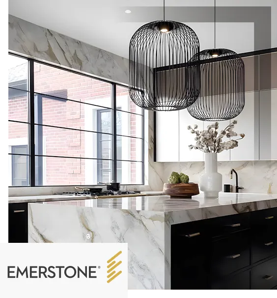Emerstone Quartz surfaces featuring elegant marble-look veining for premium kitchen and bath projects.