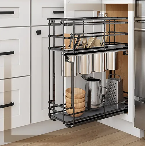 High-quality functional cabinet hardware and spice pull-out storage solutions for modern luxury kitchens.