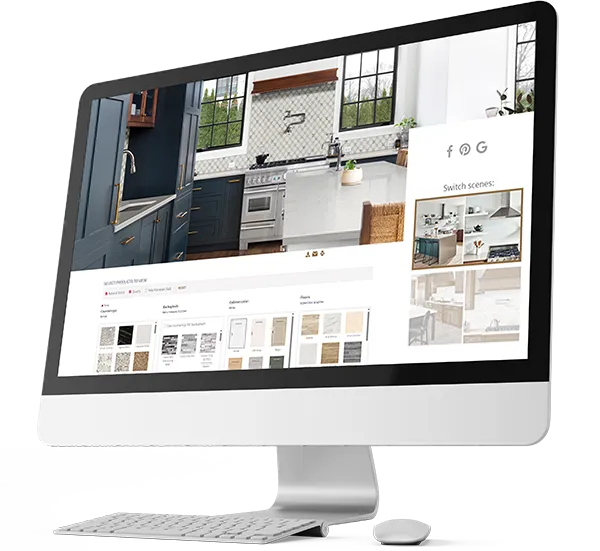 A laptop displaying the Premier Kitchen Cabinets interactive virtual design tool, showcasing 3D RTA cabinet styles and countertop textures for kitchen remodeling in Nashua, NH.