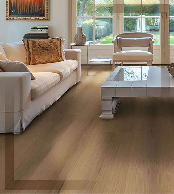 Modern residential interior showcasing high-end wood-look flooring and designer tile available in Nashua.